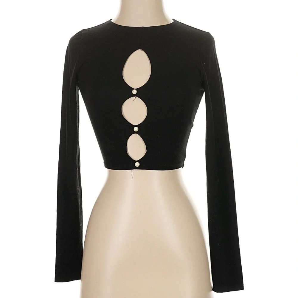 Reformation cut out front pearl black long sleeve going out party blouse XS